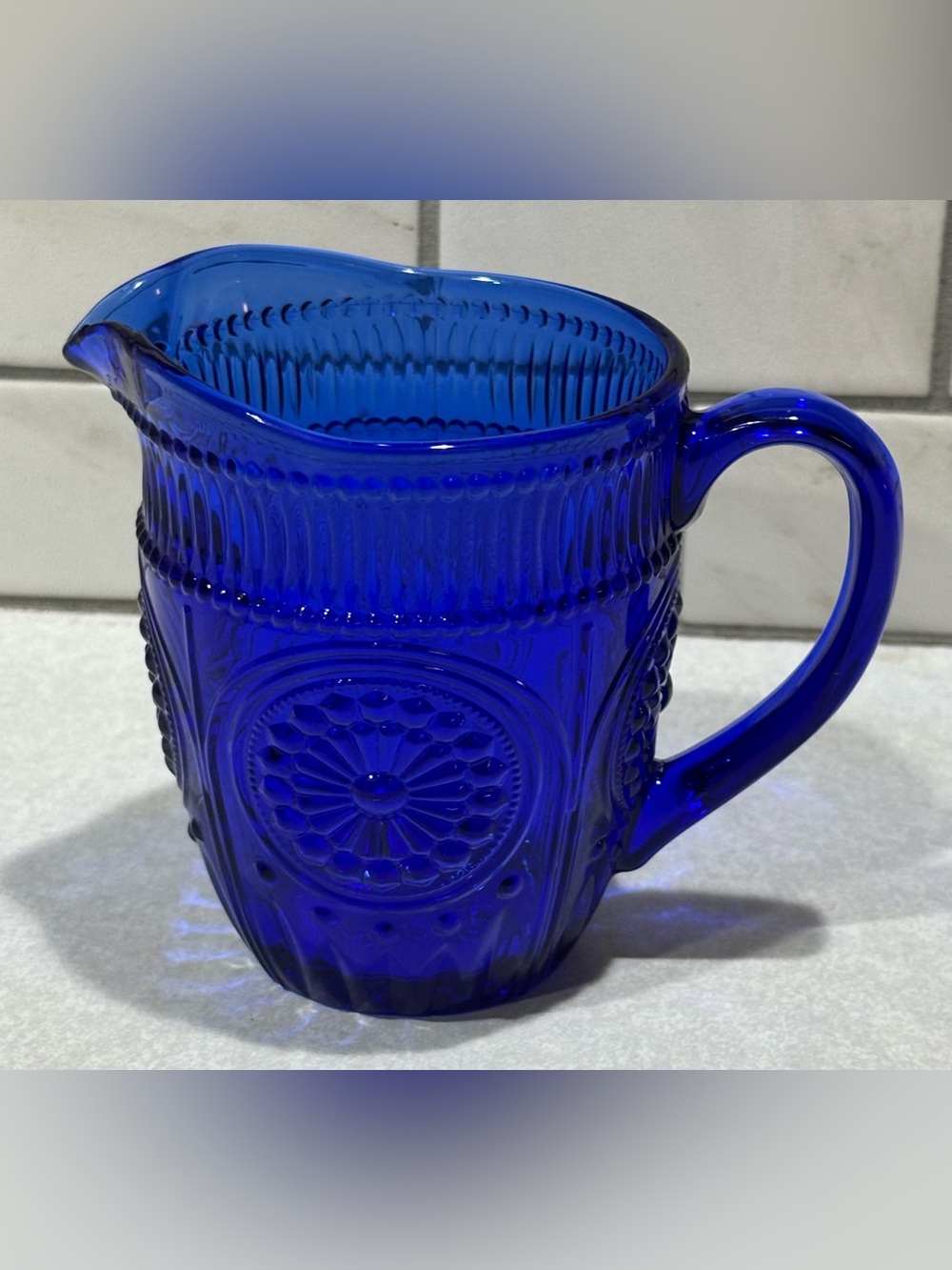 The Pioneer Woman Adeline Cobalt Blue Embossed Glass Creamer Pitcher Retired
